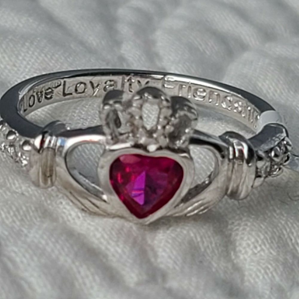 925 Silver Ring July Birthstone Claddagh Shan Ore Irish Ruby CZ Red Heart